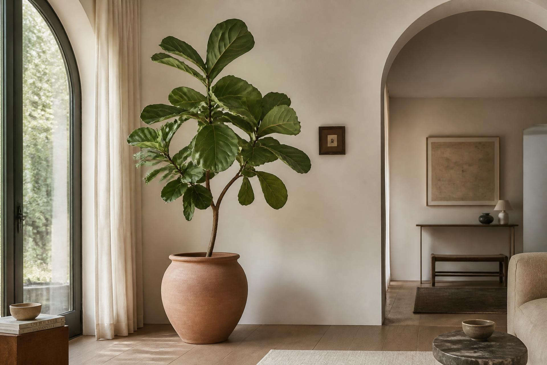 Interno moderno con grande pianta ornamentale e luce naturale